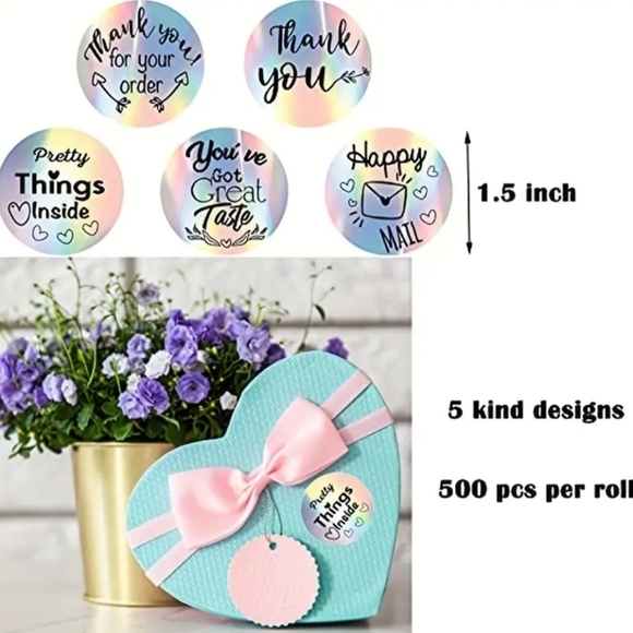 Roll of 500 Thank You Stickers 5 different Designs 🥰 L👀K - Picture 4 of 7
